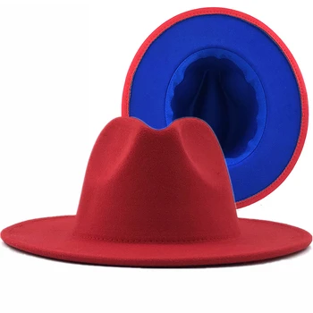 Paprastas Išorinis Mėlynas Vidinis Raudonos Vilnos Veltinio Džiazo Fedora Skrybėlės su Plonu Diržo Sagtis Vyrai Moterys Masto Kraštų Panama Trilby Bžūp 56-58-60CM