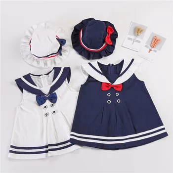 Vasarą Navy Stiliaus Mergina Dress + Hat 2vnt Kūdikių Sailor Medvilnės Drabužius mažylis Mielas princesė Dress Vaikų lankas apykaklės mini suknelės