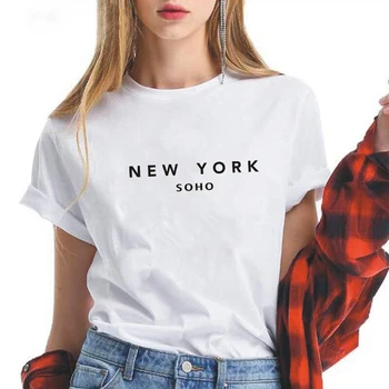 LUSLOS niujorko SOHO Laiškas Spausdinti Moterų Marškinėliai Vasaros Atsitiktinis Trumpas Rankovės Baltos, Juodos spalvos Marškinėlius Moterų Harajuku Streetwear Tee Viršų