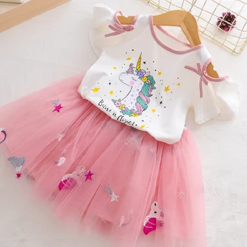 Vienaragis Suknelė Vasaros Suknelė Mergaitėms Rinkiniai 2019 Mielas Princesė Unicornio T - Shirt + Gazas Suknelė 2VNT Komplektas, Vaikų Drabužiai 3 8Y