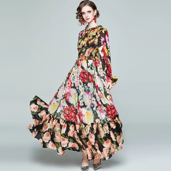 Banulin Pavasario Mados kilimo ir tūpimo Tako ilgomis Rankovėmis Maxi Suknelė Moterų Elastinga Juosmens Žavinga Gėlių Spausdinti Bohemijos Atostogų Ilga Suknelė