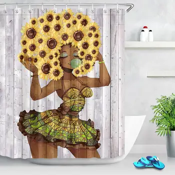 Afrikos Amerikos Moterų, Saulėgrąžų Dušo Užuolaidos Geltonos Gėlės, Drugeliai, Juoda Afro Dušo Užuolaidos Vonios kambarys su Kabliukais