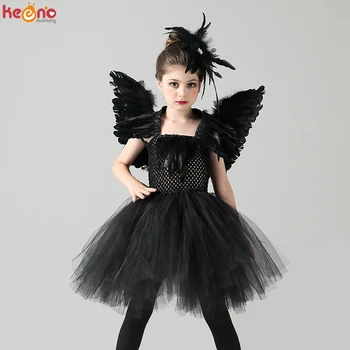 Black Swan Merginos Tutu Suknelė su Plunksnų Sparnais ir Plaukų Įrašą Blogio Karalienė Vaikai Halloween Carnival Šalies Kostiumų Baleto Tutu Suknelė