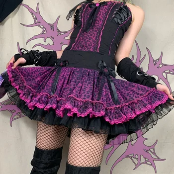 Harajuku Gotikos-Line, Leopardas Spausdinimui Sijonai Moterims Pastelinių Goth Punk Akių Kratinys Aukšto Juosmens Mini Saias Femme Kwaii Streetwear