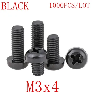 1000PCS didmeninė M3*4 M3x4 juodo nailono plastiko apvalios visos galvutės varžtas