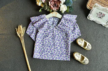 Vasarą Vaikas Drabužius korėjos Mados Gėlių Lotus Lapų Apykaklės Marškinėliai&sijonas Mergaitės Drabužių Rinkinys Purpurinė Vaikų Komplektai