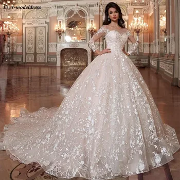 Saudo Arabų Visiškai Nėrinių Princesė Vestuvių Suknelės Ilgomis Rankovėmis Kamuolys Suknelė Appliques Nėriniai Atgal Nuotakos Suknelė Vestidos De Novia 2021