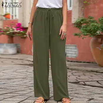 2021 ZANZEA Moterų Atsitiktinis Kelnės Aukštu Juosmeniu Kietas Pločio Kojų Kelnės Prarasti Ilgai Palazzo Streetwear Plius Dydis Derliaus Pantalon Turni