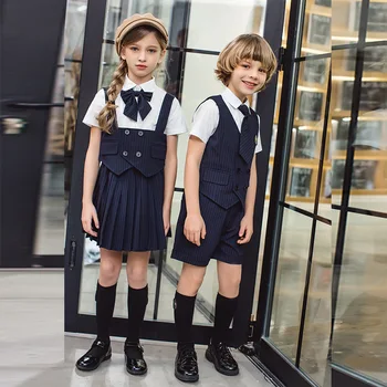 Vaikas korėjos, Japonijos mokyklinę Uniformą už Mergaitės Berniukai Balti Marškiniai Juostele, Liemenė Liemenė-Sijonas Šortai, Drabužiai Nustatyti Studentų Apranga Kostiumas