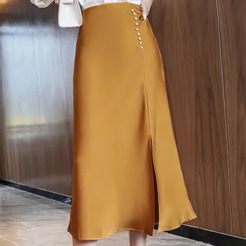 Korėjos Šilko Sijonai Moterų Sunkiųjų Šilko Midi Sijonas Moteris Satino Sijonai Moterims Aukšto Juosmens Padalinta Sijonas Plius Dydis Faldas Mujer Moda 2020 M.