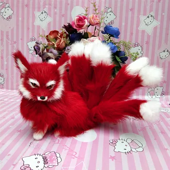 Naujas realus gyvenimas raudona squating fox modelis, plastinė ir kailių modeliavimas devynių uodegų fire fox lėlės dovana, apie 35x15cm xf2874