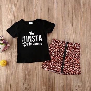 1-6Y Bamblys Drabužių Mados Kid Baby Girl Laišką, Print T-Shirt Leopard Užtrauktukas Mini Sijonai 2vnt Apranga Vasaros Vaikų Drabužiai