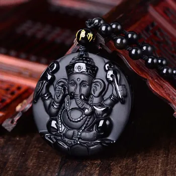 Natūralus Juodas Obsidianas, Išraižytas Ganesh Dramblys Pasisekė, Pakabučiai Nemokamai Karoliai Bauda Akmens Kristalų Mados moters vyras Amuletas Papuošalai