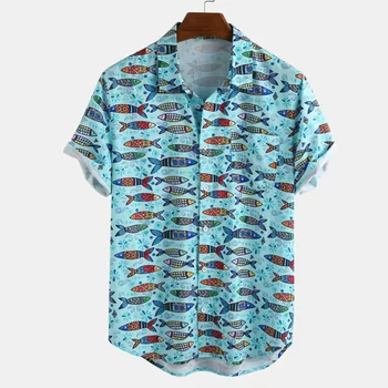 Atostogų vyriški trumpomis Rankovėmis Marškinėliai Gėlių Anime Žuvų Atspausdinta Marškinėliai chemise homme Vyrų Camisa Atsitiktinis Prarasti Paplūdimys Havajų Marškinėliai