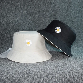 2020 naujas vasaros ramunėlių siuvinėjimo žvejys skrybėlę moterų mados medvilnės skrybėlę dvipusis nešiojami skrybėlę lauko atspalvį kibirą skrybėlės
