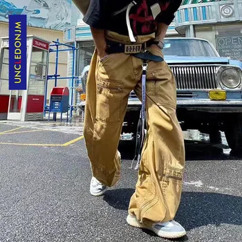 UNCLEDONJM Multi Pocket darbo drabužiai, vyriški prarasti tiesios kelnės kratinys jeans mens street wear hip-hop džinsai 20216