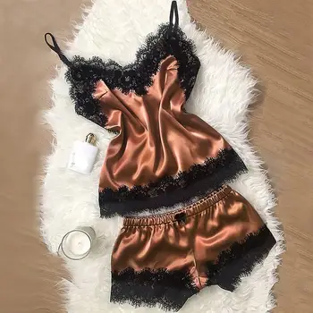 Naujas Moterų Sleepwear Sexy Satin Pijamas Nustatyti Black Lace V-Neck Pižamos Rankovių Mielas Cami Viršų ir Šortai pijama mujer 2020 m.