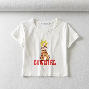 Moterų Cowgirl Spausdinti Pasėlių Tee Trumpas Rankovės Pasėlių T-shirt