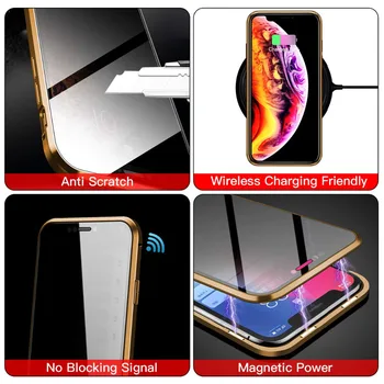 Stabdžių Peep Magnetinio Privatumo Atveju iPhone, 11 Pro Max XS XR 8 7 Plius 6s 360 viso Kūno Grūdinto Stiklo Metalo Bamperio Dangtelis coque