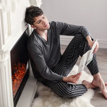 Naujausi vyrų medvilnės pižama nustatyti pavasarį ir rudenį ilgomis rankovėmis sleepwear naktį nešioti namuose drabužių vyrams