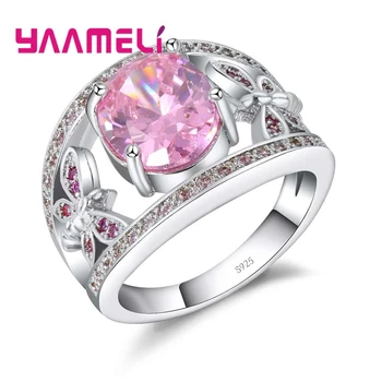 Romantiška Klasika Saldus Rožinis Kristalas Akmens Drugelio Formos Žiedas 925 Sterlingas Sidabro Vestuvės Vestuvinis Gimtadienio Dovana
