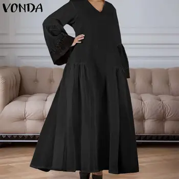 Rudenį Medvilnės Suknelė VONDA 2021 Moterų Atsitiktinis Kratinys ilgomis Rankovėmis Sexy V Kaklo Vidurio Blauzdos Suknelės Plius Dydžio Bohemijos Vestidos 5XL