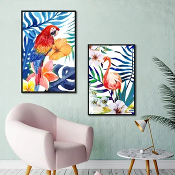 Skandinavijos Namų Dekoro Cuadros Plakatas Ir Spausdinimo Akvarelės Paveikslai Tapyba Papūga Flamingo Modulinės Šiaurės Šalių Sienos Meno Nuotrauką