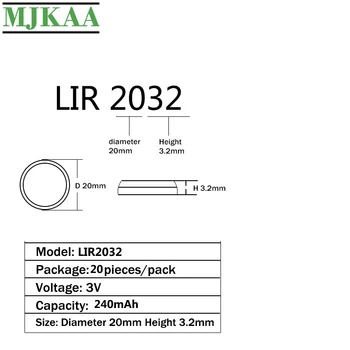 20PCS LIR2032 3,6 V Mygtuką Moneta Ląstelių Akumuliatorius Ličio Li-ion LIR 2032 Baterijos Naujos Naudojamos Pakartotinai 500 Kartų Pakeisti