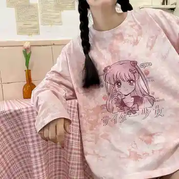 Marškinėlius moterims Rudenį Japonijos ilgomis rankovėmis moteriška ins kolegijos tie dažai rožinė mergaitė spausdinimo prarasti korėjos t-shirt moteris studentų viršų