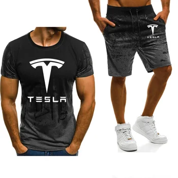 2020 metų Vasaros, nauja, T-shirt Tesla Automobilio Logotipas Spausdinti Gradientas Atsitiktinis trumpomis rankovėmis aukštos kokybės Medvilniniai vyriški marškinėliai+šortai 2vnt kostiumas