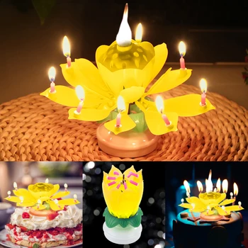 Naujas Gėlių, Dekoratyvinių Žvakių Nuostabi Romantinės Muzikos Lotus Sukasi Su Gimtadieniu Žvakių Pyragas
