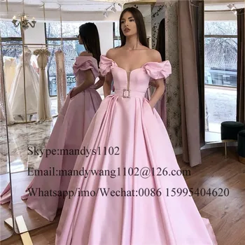 Rožinė Off Peties Prom Dresses Ilgai 2020 Elegantiškos Satino Vakare Šalies Chalatai Kišenėje Afrikos Plius Dydžio drabužius princesse de femme