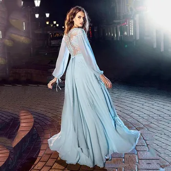 Dangus Mėlynas Šifono Vakaro Suknelės 2021 Sexy Linijos, V Kaklo Nėrinių Aplikacijos Ilgomis Rankovėmis Dubajus Įžymybė Prom Chalatai Chalatas De Soriee