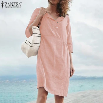 ZANZEA 2021 Elegantiškas V-Kaklo Marškinėliai Suknelė Moterų Vasaros Sundress Atsitiktinis Mygtuką Mini Vestidos Moterų Pusė Rankovės Šaliai, Skraistės