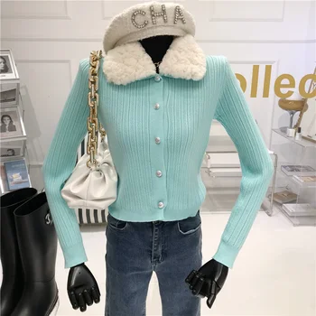 Garsenybių stilius vilnos apykaklė megzti megztinis Moterų 2020 m. žiemos Mada Naujo Dizaino prasme slim vieną krūtinėmis trumpas kailis