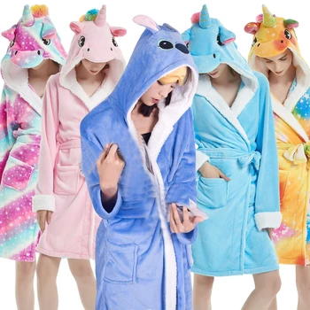 2020 Tirštėti Nightgowns Žiemos Chalatas Moterų Pižama Vonia Panda Vienaragis Skraiste Sleepwear Moteriški Chalatai Koralų Aksomo Suknelė Padažu