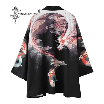Kimono Japonijos Vyrų Yukata Moterų Japonija Krano Spausdinti Kimono Megztinis Vyrams Azijos apsauga nuo Saulės, Marškinėliai, Unisex Kinų Drakonas Spausdinti Viršų