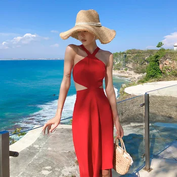Ilga Raudona Backless Moterų Apynasrio Suknelė Vasaros 2020 Kilimo Ir Tūpimo Tako Elegantiškas Šalis Suknelė Maxi Korėjos Seksualus Atogrąžų Paplūdimio Atostogų Sundress