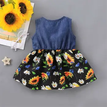 1-4Y Vaikams Baby Girl Dress Gėlių Džinsinio Lankas Berankovis Vasaros Atsitiktinis Šalis Suknelė Sundress Drabužiai