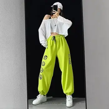 Smiley Hip-hop Moterų Sweatpants Gatvės Šokių Fluorescencinė Žalia Haremo Kelnės Moterims Streetwear Mados Kelnės Moterų Plius Dydis