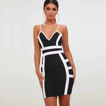 Didmeninės nauja stiliaus suknelė, Juodos ir baltos spalvų atitikimo V-kaklo diržas Įtemptas seksualus Įžymybė Šalies tvarstis Suknelė(H2480)