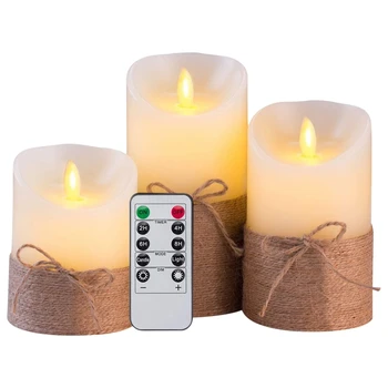 Flameless Žvakės baterijomis, Modeliavimas, Elektra LED Žvakių Rinkinys su Nuotolinio Valdymo ir Laikmatis, su Kanapių Virvė