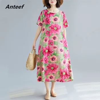 Medvilnės skalbiniai plius dydis derliaus gėlių moterų atsitiktinis palaidų ilgas vasaros suknelė elegantiškas drabužius 2021 ponios suknelės sundress