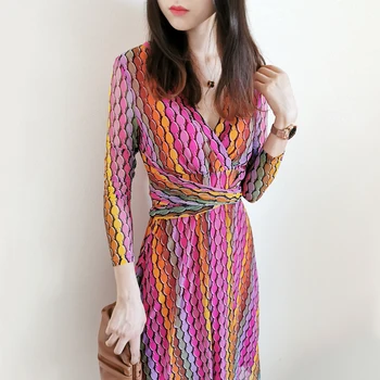 Vienas Gabalas Wrap Dress Daugiaspalvis Spausdinimas Midi Elegantiška Suknelė 2020 Naujų Rudens Kolekcijų