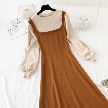 Pavasarį Rudenį-line Megzti Suknelė Moterims, Elegantiškas Kratinys Plonas Megztinis Suknelė Žibintų rankovės Šalies Vestidos 2020 m. aukštos kokybės