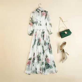 Nauja Vasaros Mados Paplūdimio Stiliaus Šifono Suknelė Gėlių Spausdinti Lankas Apykaklės Dizaineris Moterų Moterų A-line Dresses