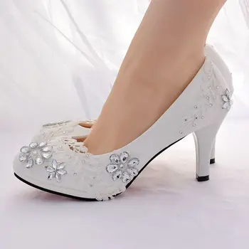 Baltos spalvos nėrinių vestuvių batai nuotaka platformos, mažas, aukštas kulnas plius dydis 41 42 HS390 rankų darbo kristalų, cirkonio nuotakos šalys siurblys