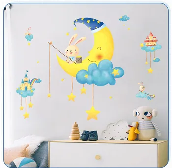 Vaikų kambarys animacinių filmų sienų lipdukai kambarį miegamojo lovos dekoravimas sienų lipdukai mėnulis triušis žvaigždžių lipdukai vaikams