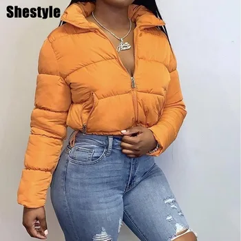 Shestyle Žemyn Paltai Striukės Moterų 2020 M. Žiemos Zip Iki Vėjo Šilta Oranžinė Outwear Elastingas Juosmuo Trumpas, Storas Šuo-Paltai Mados