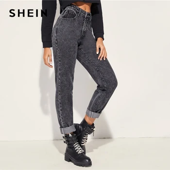 SHEIN Pilka Mygtuką Priekyje Draugu Atsitiktinis Džinsai Moterims Nuosėdos 2019 M. Rudenį Streetwear Vidurio Juosmens Mados Ilgai Džinsinio audinio Kelnės